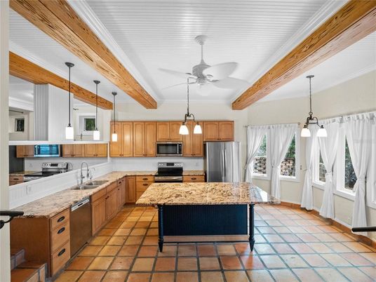 Interior, Kitchen, Pendant Lights, Stainless Steel Appliances, Wooden Beams