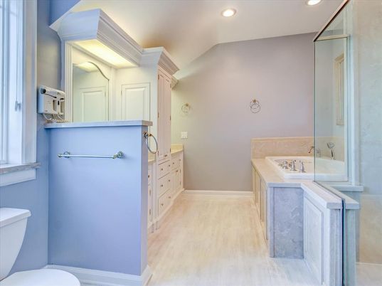 Bathroom, Glass Shower, Interior, Recessed Lighting, Wood Texture Flooring