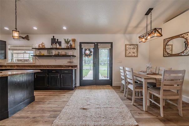 Dining room, Interior, Pendant Lights, Recessed Lighting, Wood Texture Flooring