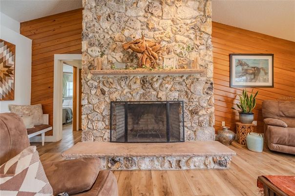 Fireplace, Interior, Stone Walls, Wood Texture Flooring, Wooden Walls