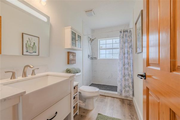 Bathroom, Interior, Marble Walls, Wood Texture Flooring