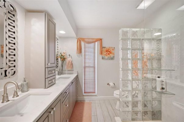 Bathroom, Dual Sink Vanities, Glass Shower, Interior, Recessed Lighting