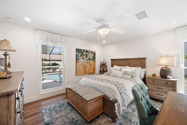Bedroom, Interior, Recessed Lighting, Wood Texture Flooring