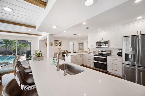 Interior, Kitchen, Recessed Lighting, Stainless Steel Appliances, Wooden Beams