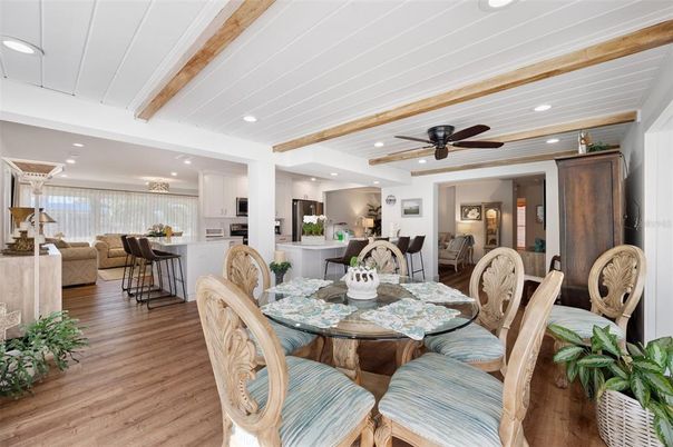 Dining room, Interior, Kitchen, Living room, Recessed Lighting, Wooden Beams, Wood Texture Flooring
