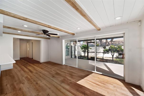 Empty room, Interior, Recessed Lighting, Wooden Beams, Wood Texture Flooring