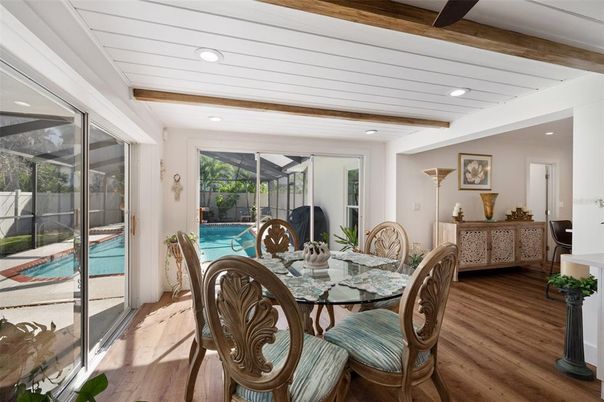 Dining room, Interior, Recessed Lighting, Wooden Beams, Wood Texture Flooring