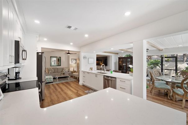 Dining room, Interior, Kitchen, Living room, Recessed Lighting, Wood Texture Flooring