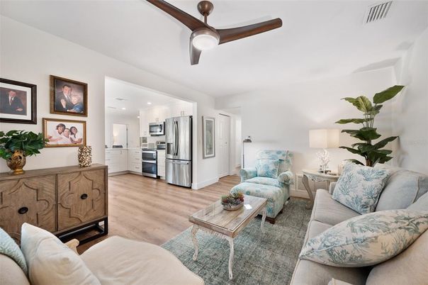Interior, Kitchen, Living room, Recessed Lighting, Stainless Steel Appliances, Wood Texture Flooring