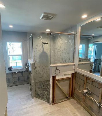 Bathroom, Glass Shower, Interior, Recessed Lighting, Wood Texture Flooring