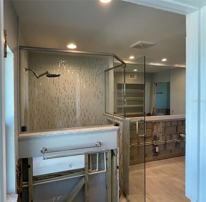 Bathroom, Glass Shower, Interior, Recessed Lighting, Wood Texture Flooring