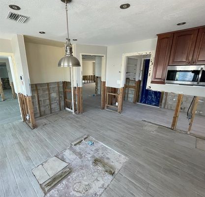 Interior, Kitchen, Pendant Lights, Wood Texture Flooring