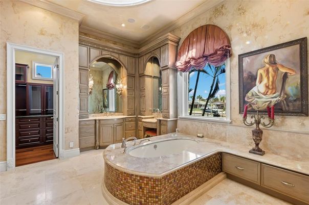 Bathroom, Dual Sink Vanities, Interior, Recessed Lighting, Wood Texture Flooring