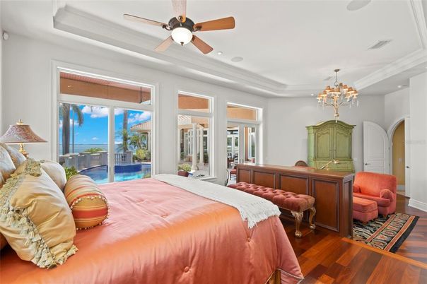 Bedroom, Chandelier, Interior, Recessed Lighting, Water, Wood Texture Flooring