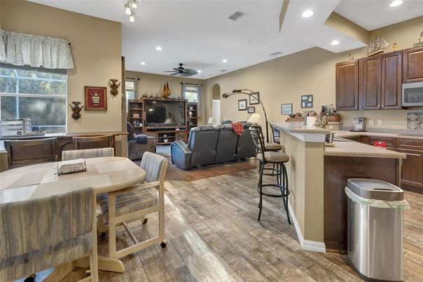 Dining room, Interior, Kitchen, Living room, Recessed Lighting, Wood Texture Flooring