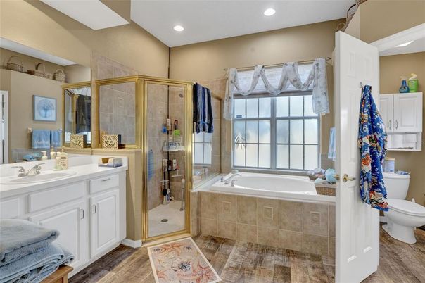 Bathroom, Glass Shower, Interior, Recessed Lighting, Wood Texture Flooring