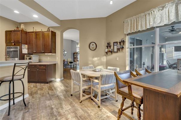 Dining room, Interior, Kitchen, Recessed Lighting, Wood Texture Flooring
