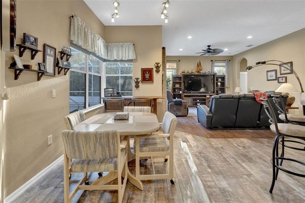 Dining room, Interior, Living room, Recessed Lighting, Wood Texture Flooring