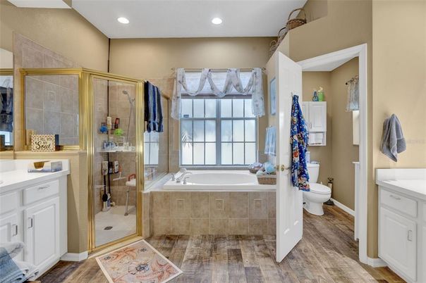 Bathroom, Glass Shower, Interior, Recessed Lighting, Wood Texture Flooring