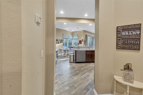 Dining room, Interior, Kitchen, Recessed Lighting, Wood Texture Flooring