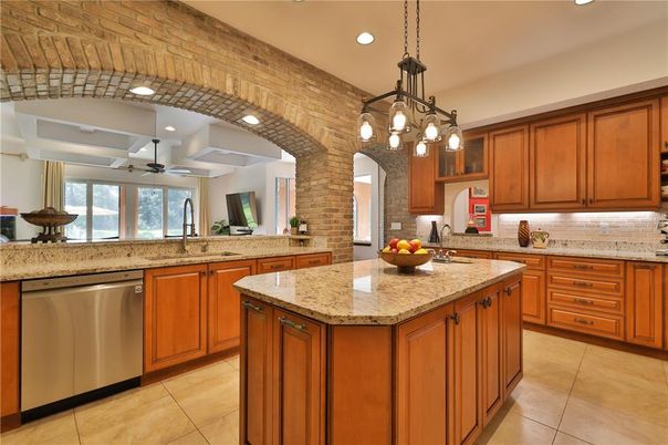Interior, Kitchen, Pendant Lights, Recessed Lighting, Stainless Steel Appliances, Stone Walls