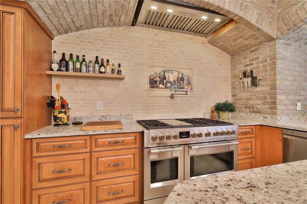 Interior, Kitchen, Recessed Lighting, Stainless Steel Appliances, Stone Walls