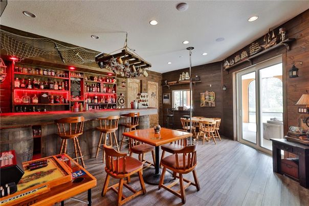Dining room, Interior, Recessed Lighting, Wood Texture Flooring, Wooden Walls