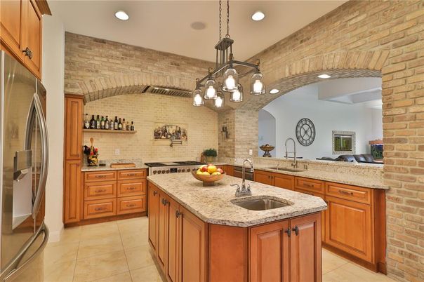 Interior, Kitchen, Pendant Lights, Recessed Lighting, Stone Walls