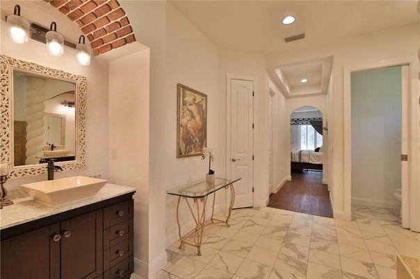 Bathroom, Bedroom, Dual Sink Vanities, Interior, Marble, Recessed Lighting, Wood Texture Flooring