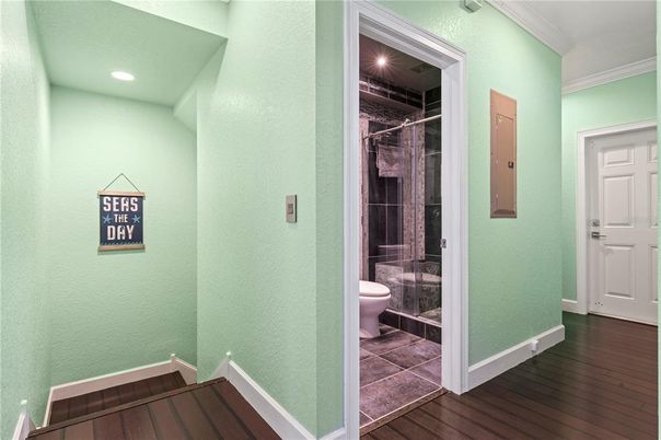 Bathroom, Glass Shower, Interior, Recessed Lighting, Wood Texture Flooring