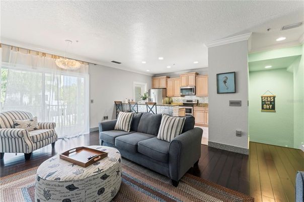 Interior, Kitchen, Living room, Recessed Lighting, Stainless Steel Appliances, Wood Texture Flooring
