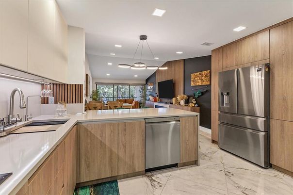 Interior, Kitchen, Marble, Pendant Lights, Recessed Lighting, Stainless Steel Appliances