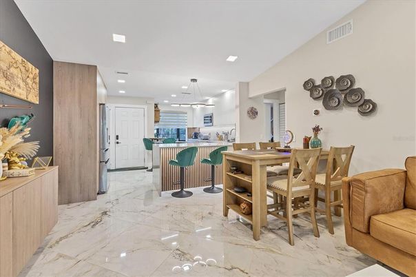 Dining room, Interior, Kitchen, Marble, Pendant Lights, Recessed Lighting