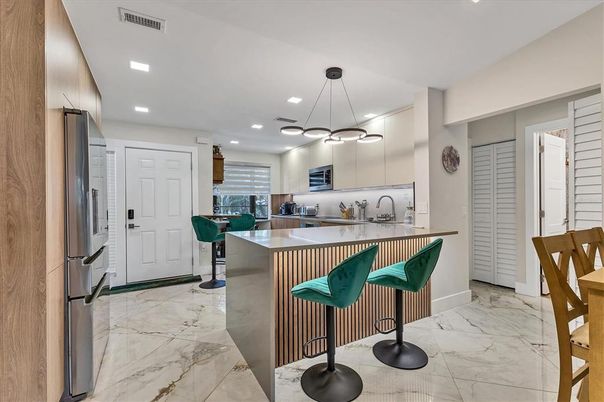 Interior, Kitchen, Marble, Pendant Lights, Recessed Lighting, Stainless Steel Appliances