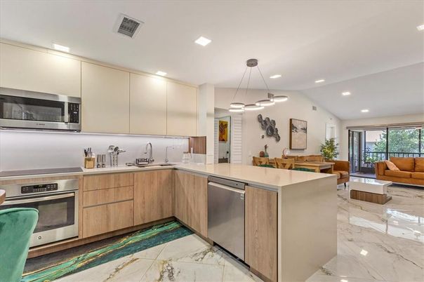 Dining room, Interior, Kitchen, Living room, Marble, Pendant Lights, Recessed Lighting, Stainless Steel Appliances