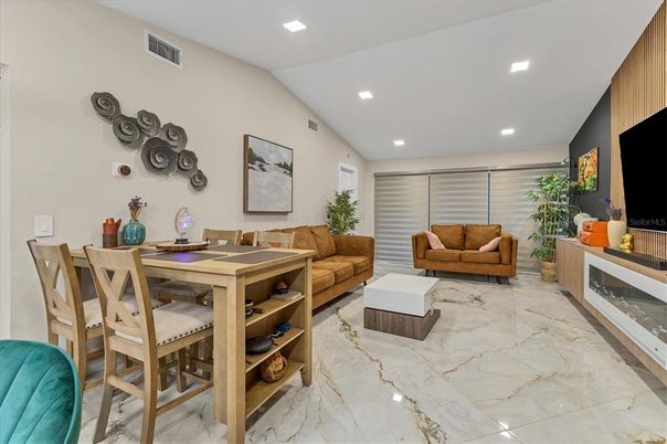 Dining room, Interior, Living room, Marble, Recessed Lighting
