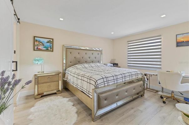 Bedroom, Interior, Recessed Lighting, Wood Texture Flooring