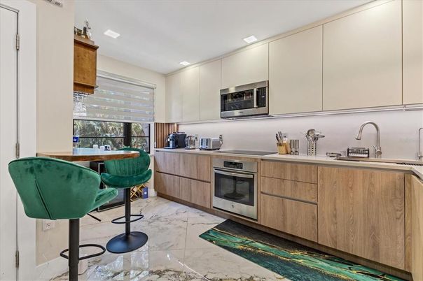 Interior, Kitchen, Marble, Recessed Lighting, Stainless Steel Appliances