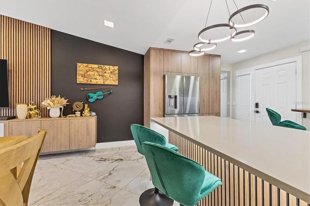Interior, Kitchen, Marble, Pendant Lights, Recessed Lighting, Stainless Steel Appliances