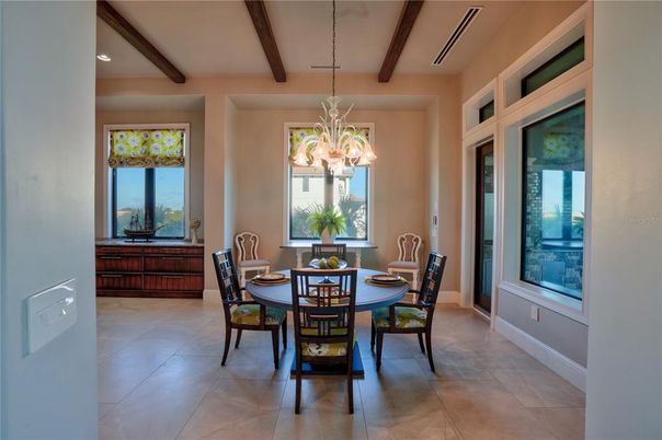 Chandelier, Dining room, Interior, Recessed Lighting, Wooden Beams