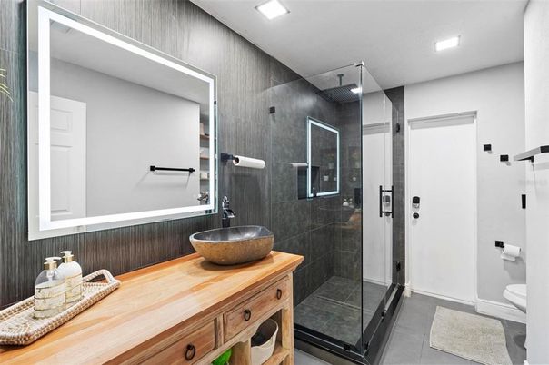 Bathroom, Dual Sink Vanities, Glass Shower, Interior, Recessed Lighting