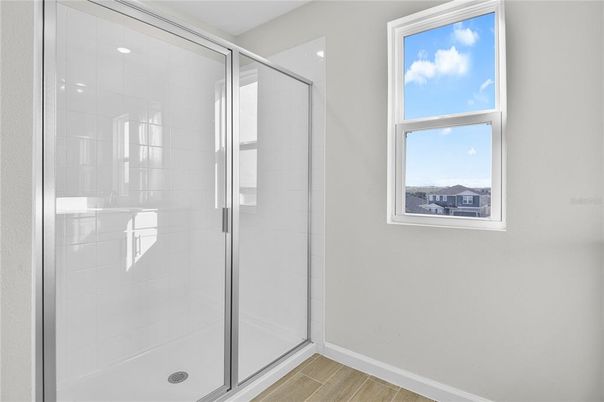 Bathroom, Glass Shower, Interior, Recessed Lighting, Wood Texture Flooring