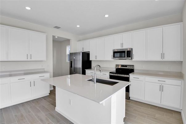 Interior, Kitchen, Recessed Lighting, Stainless Steel Appliances, Wood Texture Flooring