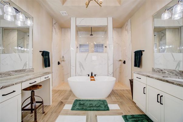 Bathroom, Free Standing Baths, Interior, Marble Walls, Wood Texture Flooring