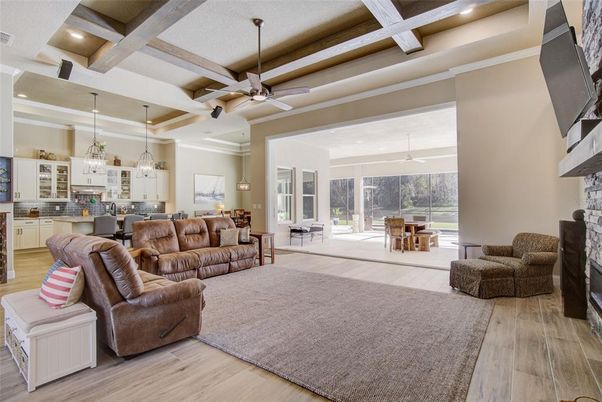 Dining room, Fireplace, Interior, Kitchen, Living room, Pendant Lights, Recessed Lighting, Wooden Beams, Wood Texture Flooring