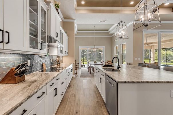 Chandelier, Interior, Kitchen, Pendant Lights, Recessed Lighting, Wood Texture Flooring