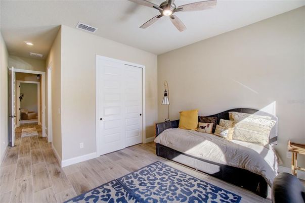 Bedroom, Interior, Recessed Lighting, Wood Texture Flooring