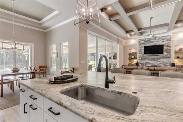 Dining room, Interior, Kitchen, Pendant Lights, Recessed Lighting, Stone Walls, Wooden Beams, Wood Texture Flooring