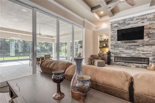 Fireplace, Interior, Living room, Recessed Lighting, Stone Walls