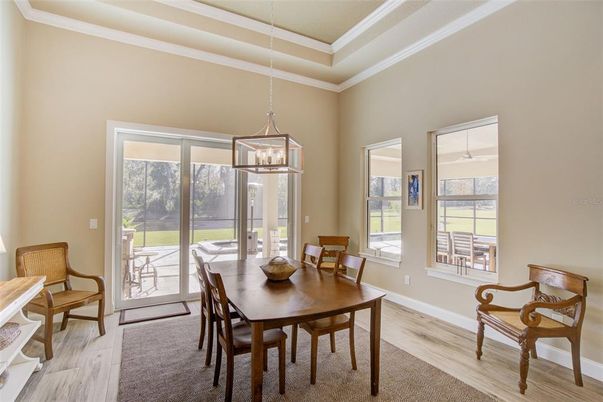 Dining room, Interior, Pendant Lights, Wood Texture Flooring